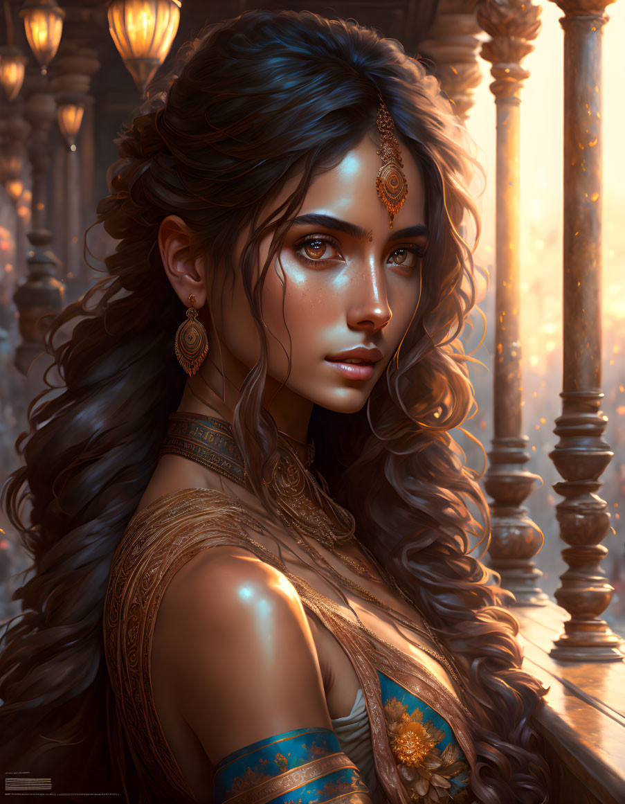 Detailed digital portrait of a woman with warm tones and ornate fantasy attire.