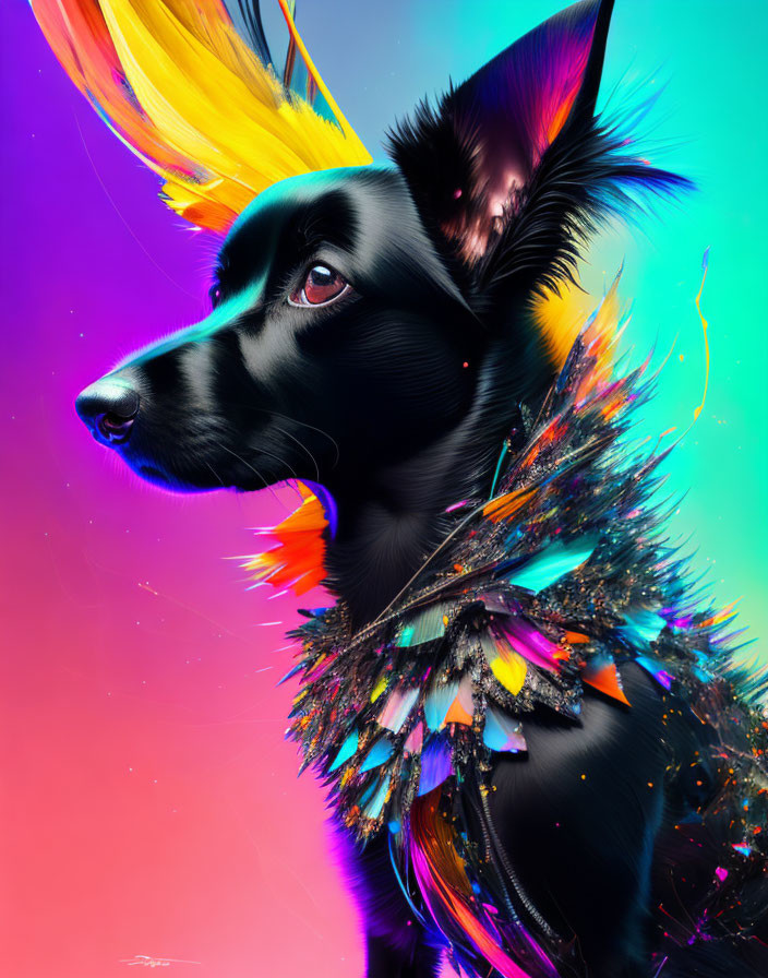 Colorful digital artwork: Black dog with stylized feathers and neon lights