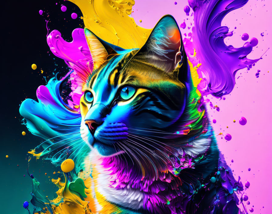 Colorful Digital Art: Cat with Paint-Splattered Fur Pattern