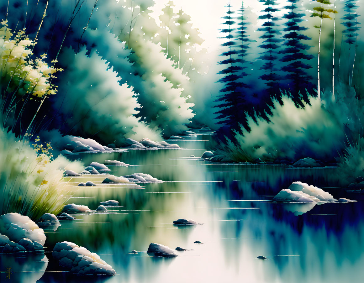 Lush forest with evergreens reflected in stream under soft sunlight