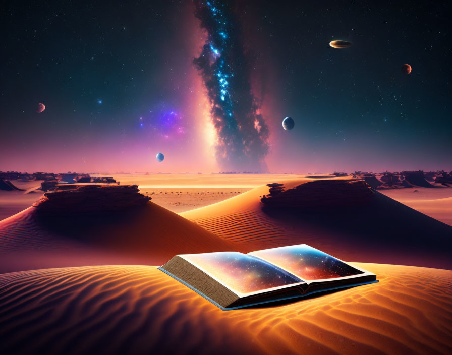 Open book on sandy desert under starry night sky.