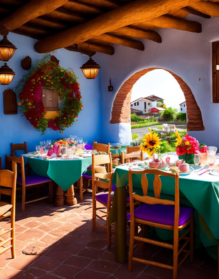 Vibrant tablecloths in rustic outdoor dining area