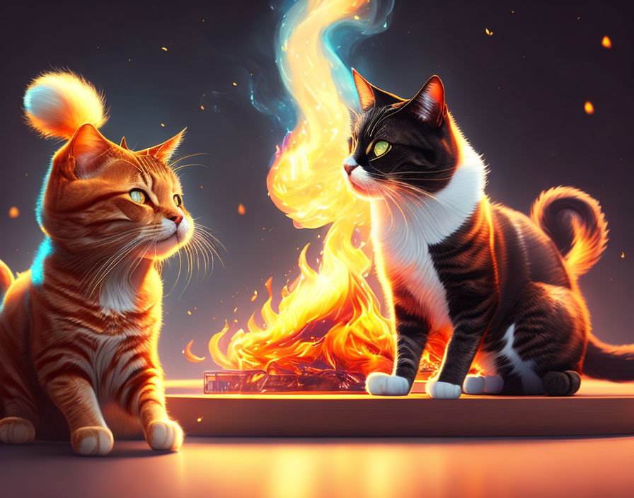 Animated cats by fiery phoenix flame at twilight.