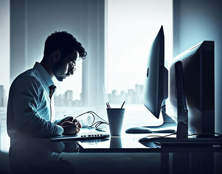 Man in dress shirt at desk with smartphone, laptop, and monitor under blue light