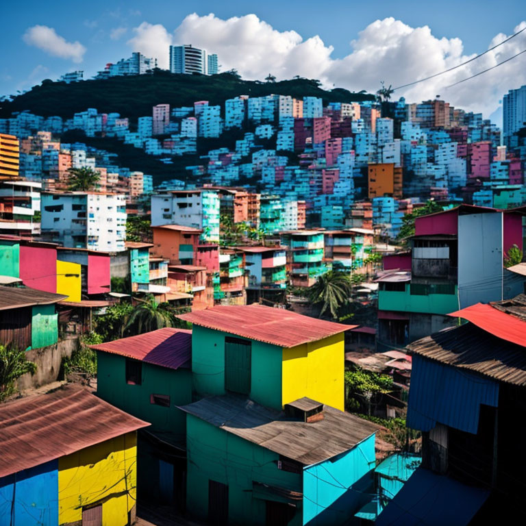 Vibrant favela houses against hill and blue sky