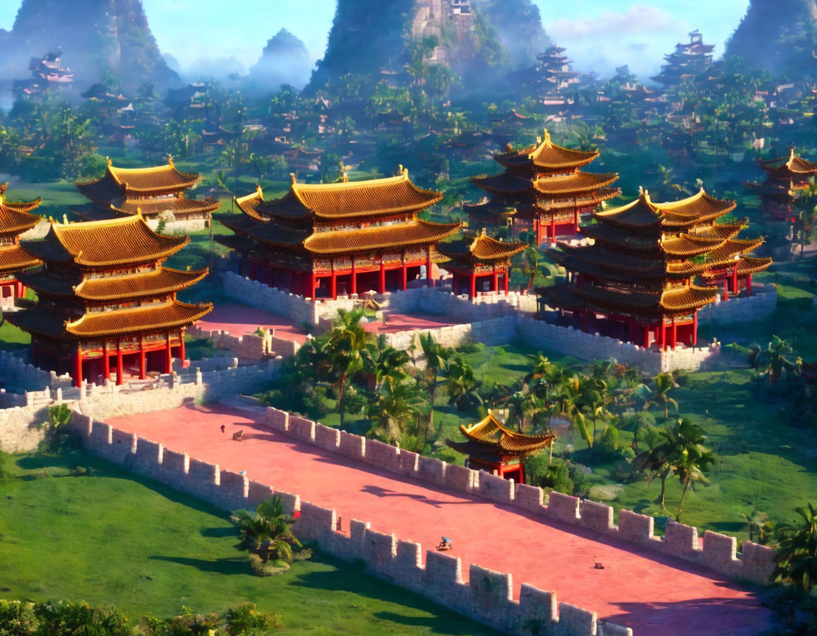 Digital illustration of ancient Asian palace with tiered roofs, lush greenery, mountains.