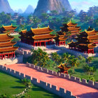 Digital illustration of ancient Asian palace with tiered roofs, lush greenery, mountains.