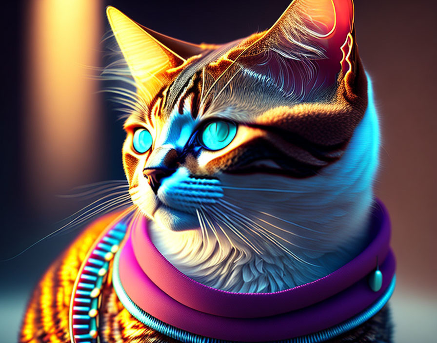 Colorful digital artwork: Cat with blue eyes in futuristic neon attire.