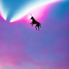 Cat silhouette leaping in vibrant pink and blue sky with dynamic light streak