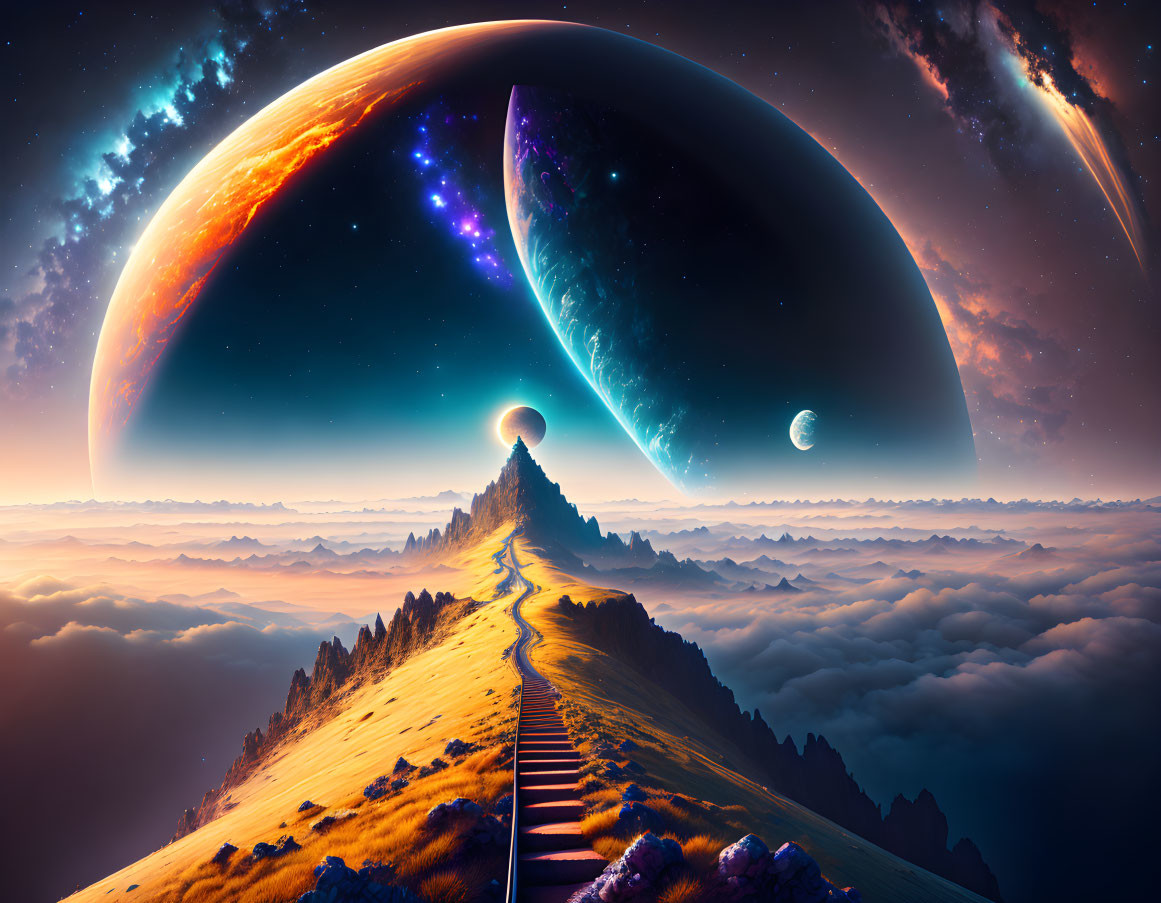 Surreal landscape with mountain peak, sea of clouds, and cosmic sky