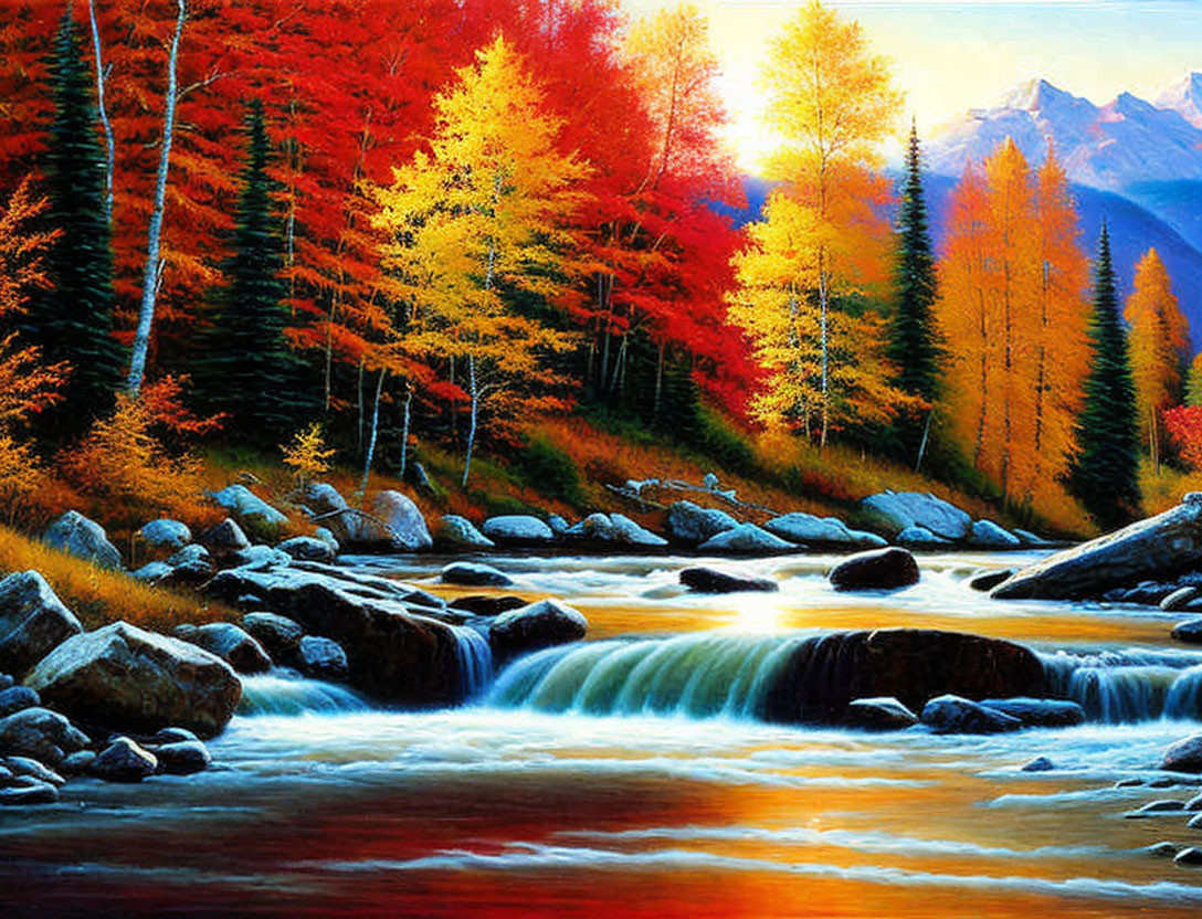 Colorful Autumn Landscape with Creek, Trees, and Mountains at Sunset