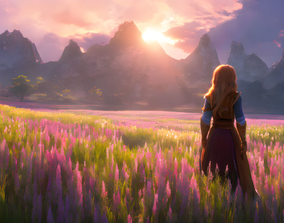 Woman in purple flower field at sunset with mountain view