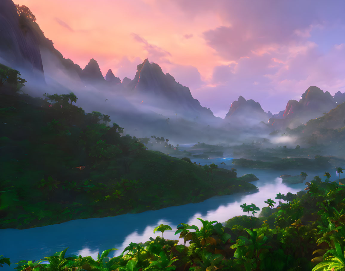 Scenic landscape: green river, misty mountains, colorful sunset