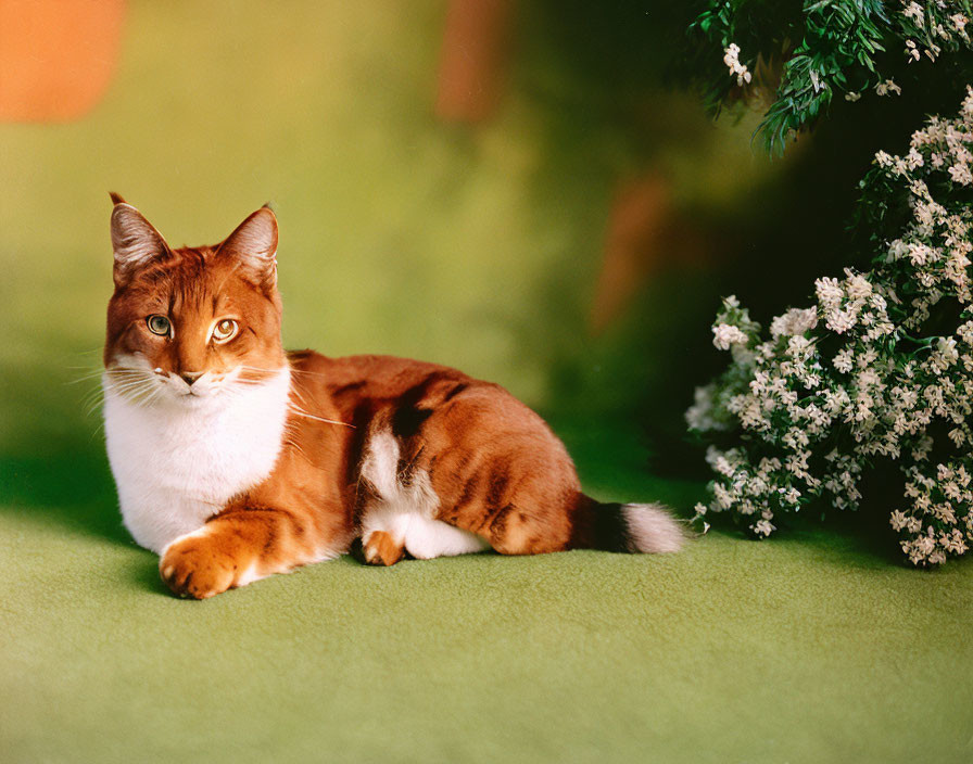 Ginger and White Cat with Amber Eyes on Green Surface