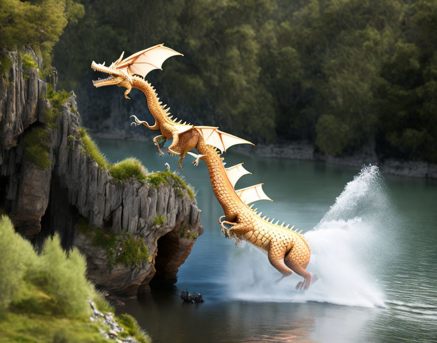 Golden dragon flying from rocky cliff over serene lake with lush greenery