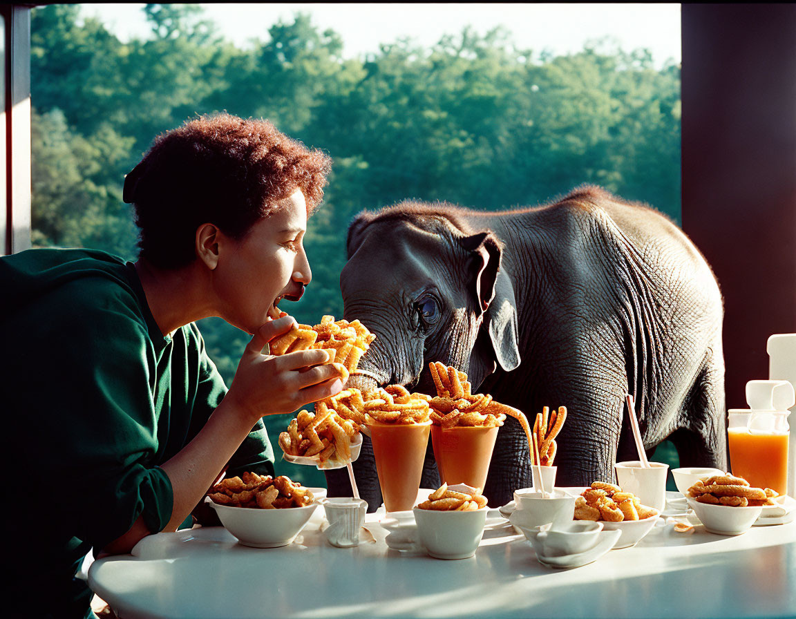 Person and young elephant share snacks at table in serene forest setting