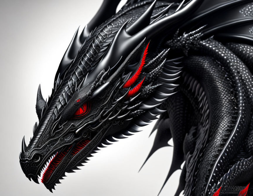 Detailed Black Dragon Digital Illustration with Red Eyes and Sharp Scales