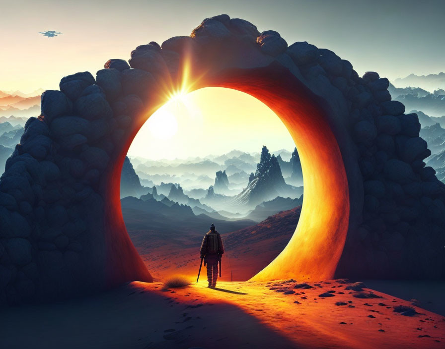 Person standing under glowing archway in desert landscape at sunset