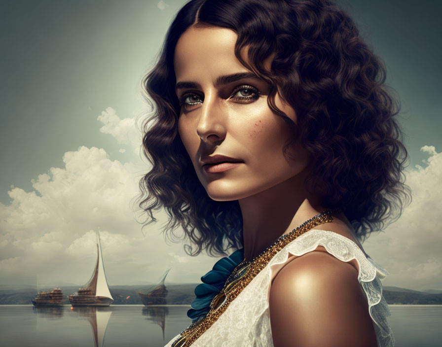 Portrait of woman with curly hair in white outfit, turquoise necklace, sailboats on calm lake