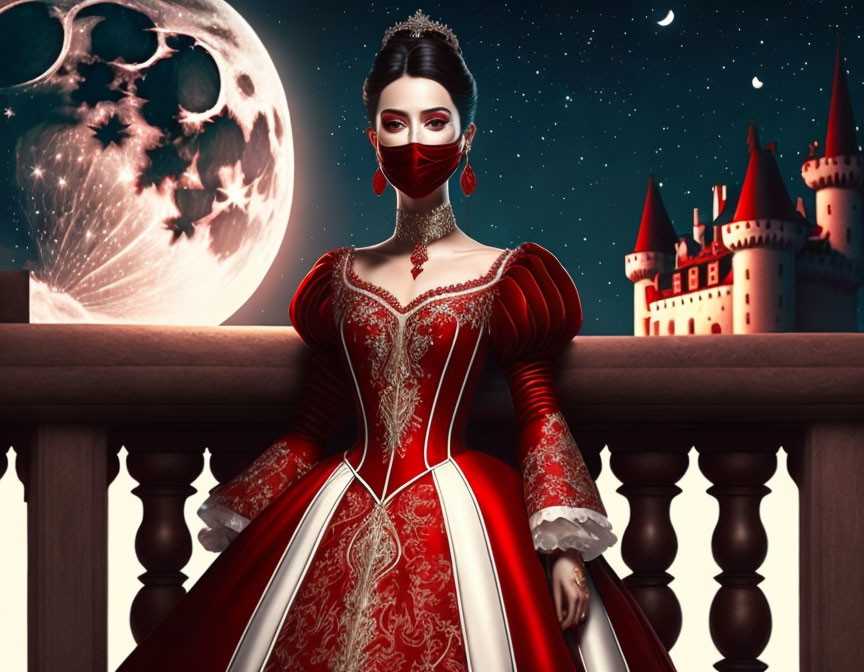 Medieval woman in red dress and mask with moon and castle backdrop