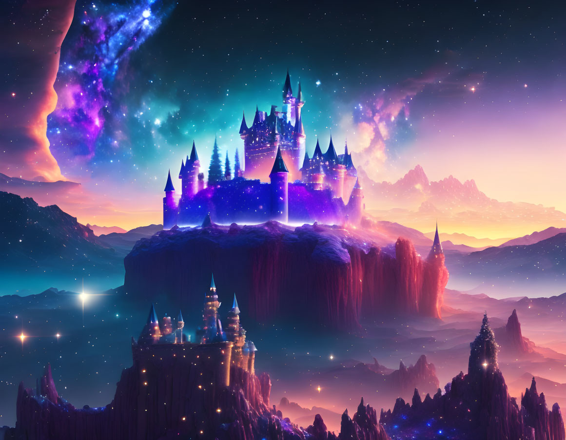 Floating island castle under cosmic sky: enchanting fantasy scene