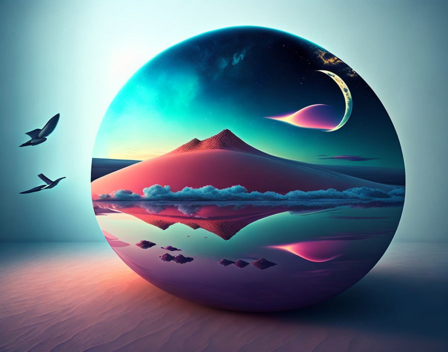 Reflective sphere with surreal landscape: mountain, colorful skies, crescent moon, birds.