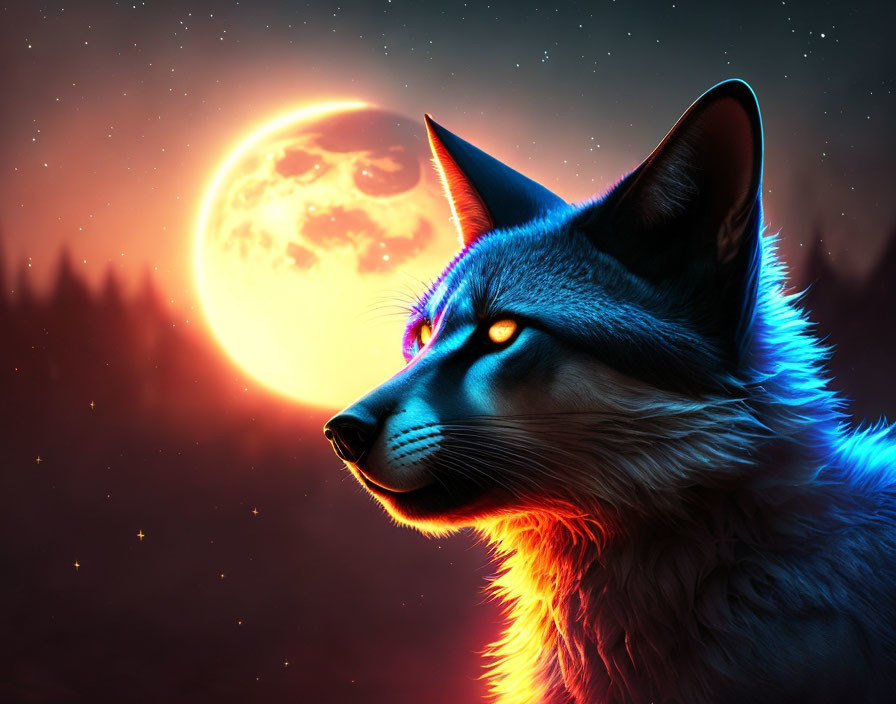 Digital Art: Glowing-Eyed Wolf Under Luminous Moon