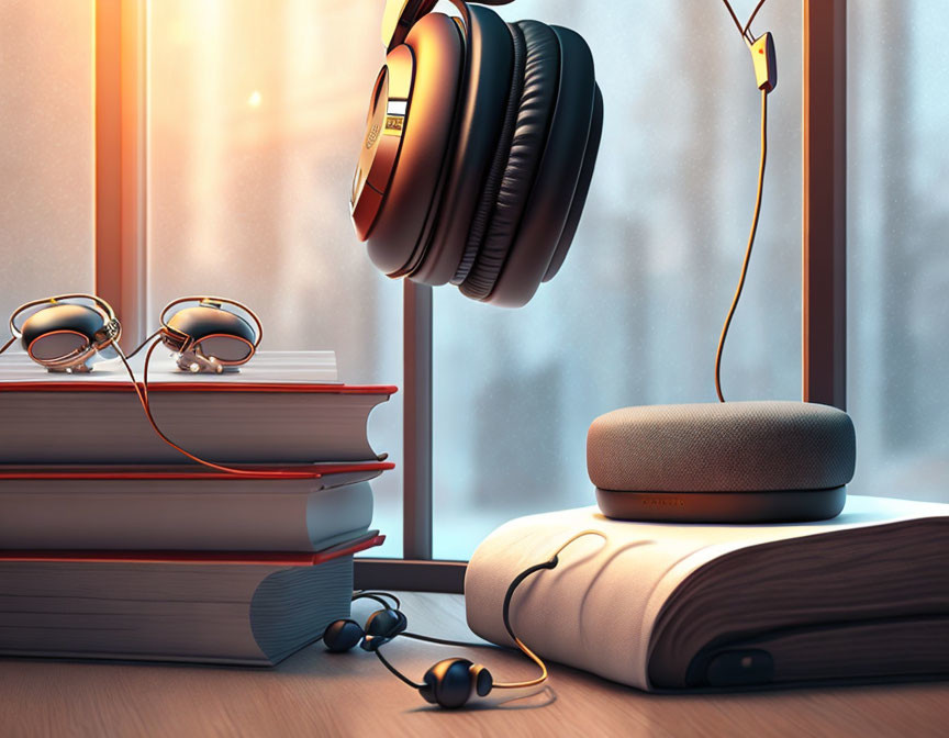 Headphones, speaker, and earbuds on window sill with books below