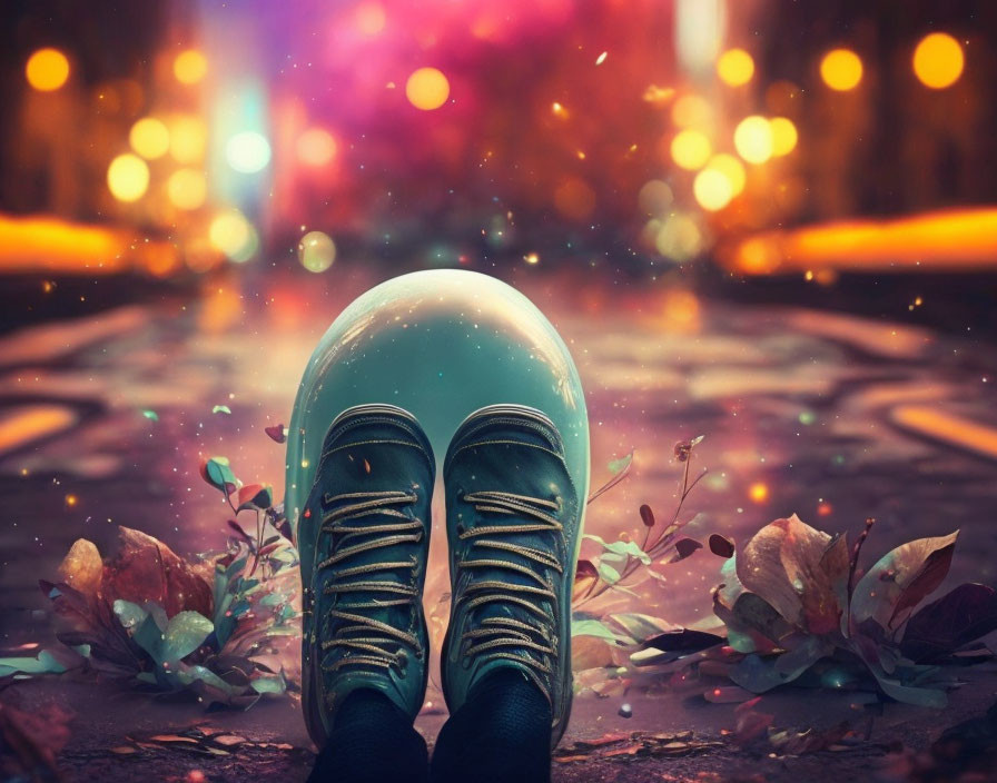 Person sitting with feet on crystal ball among fallen leaves and warm bokeh lights.