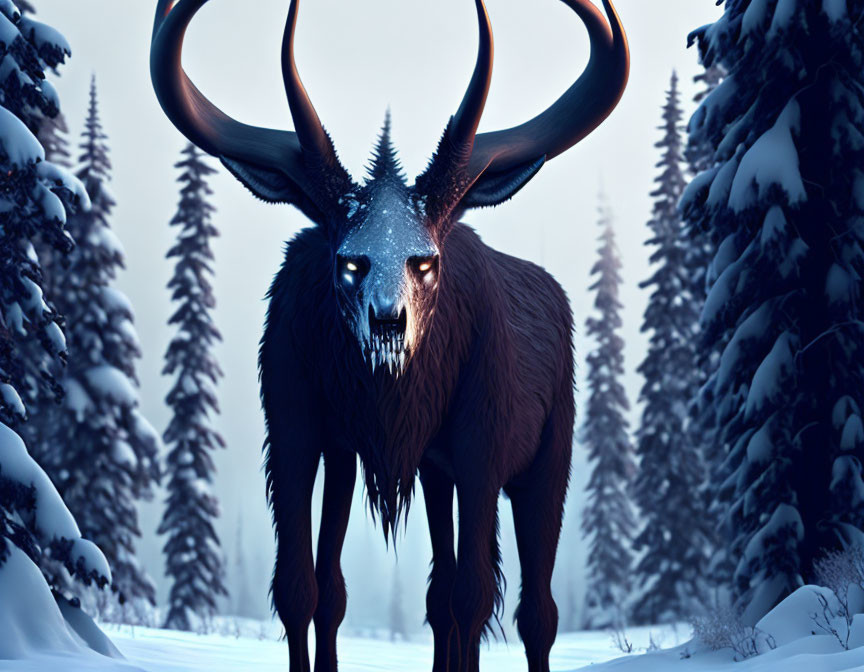 Mystical deer-like creature with glowing eyes in snowy forest