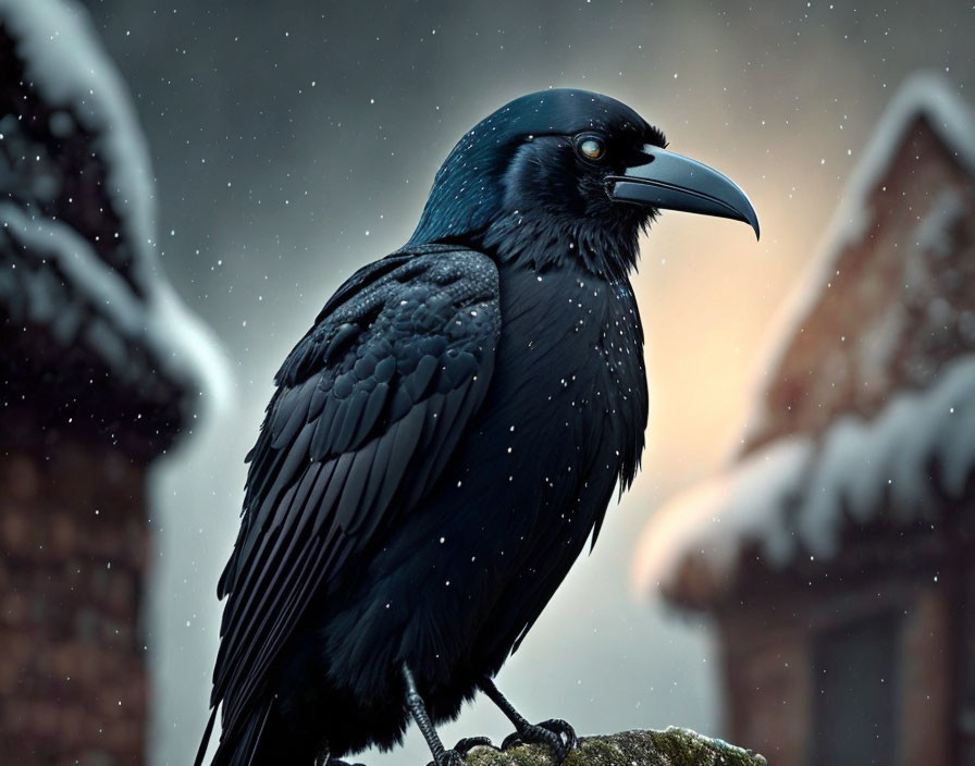 Detailed image of black raven perched in snowfall with wintry houses in background