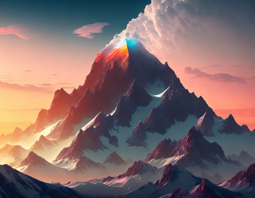 Colorful glowing mountain peak at sunrise or sunset under dramatic sky