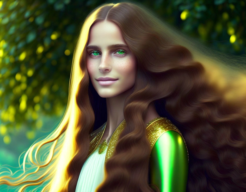 Digital portrait of woman with long brown hair and green eyes in gold and green attire against forest backdrop