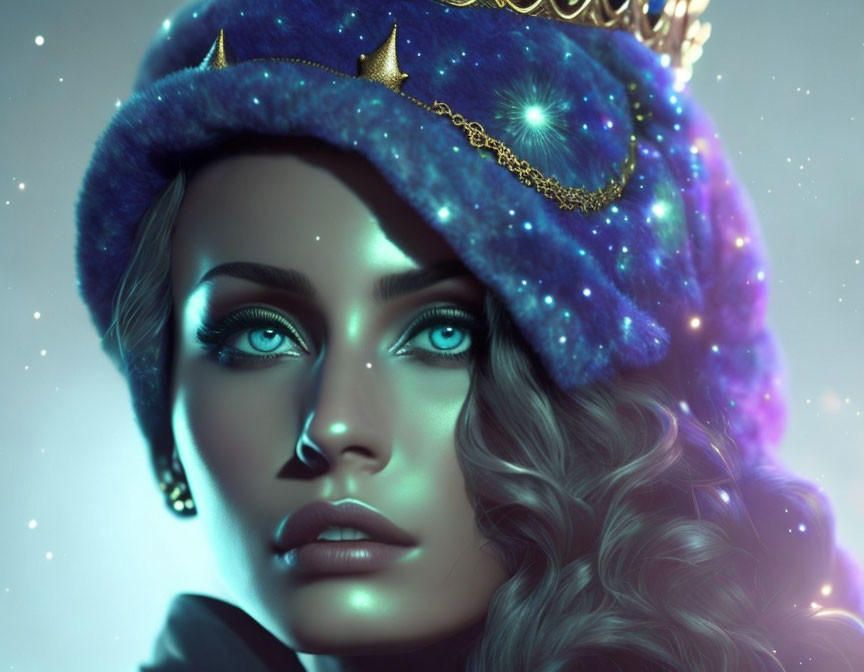 Portrait of woman with galaxy-themed hat, blue eyes, curly hair, starry background