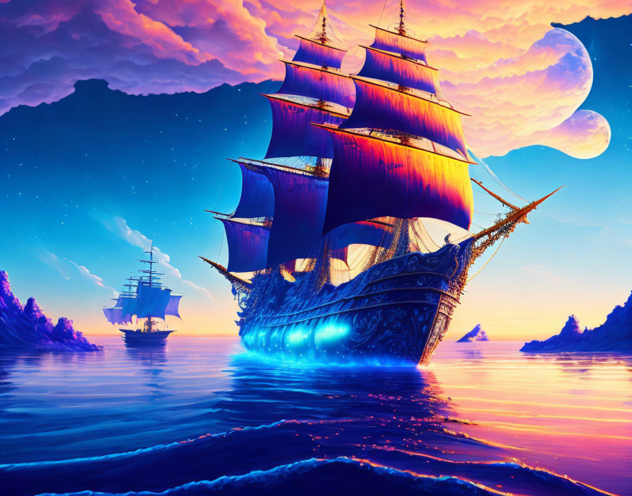 Glowing sailing ships on purple ocean under twilight sky