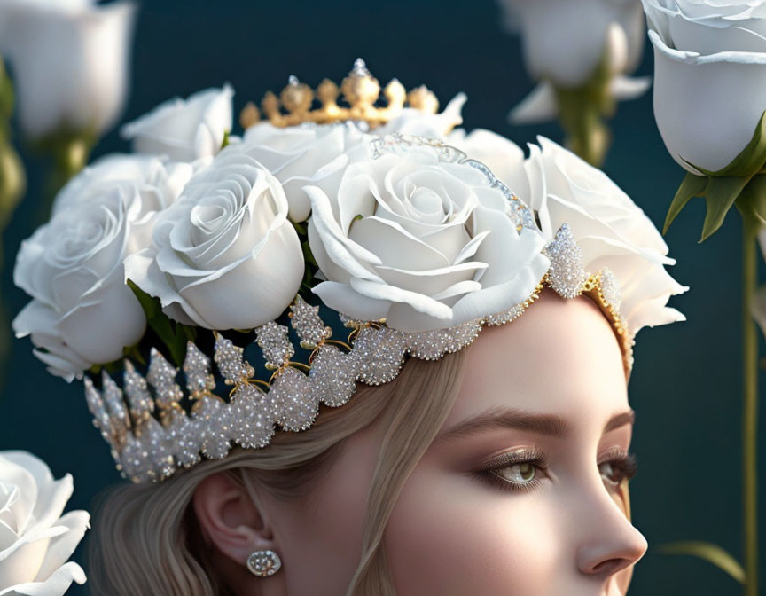 Luxurious crown of white roses and jewels on a woman in close-up shot