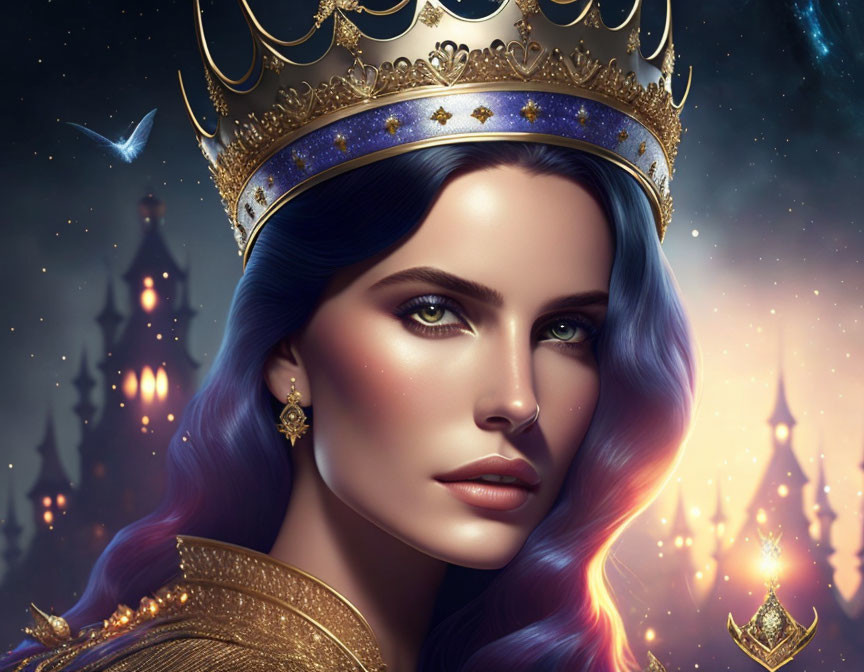 Regal woman with blue hair and golden crown.