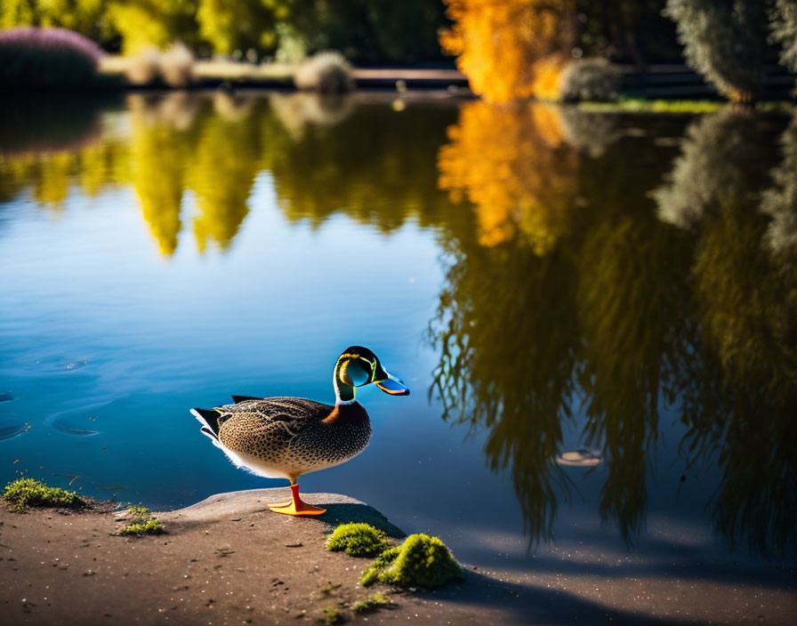 Duck by calm autumn pond with sandy bank