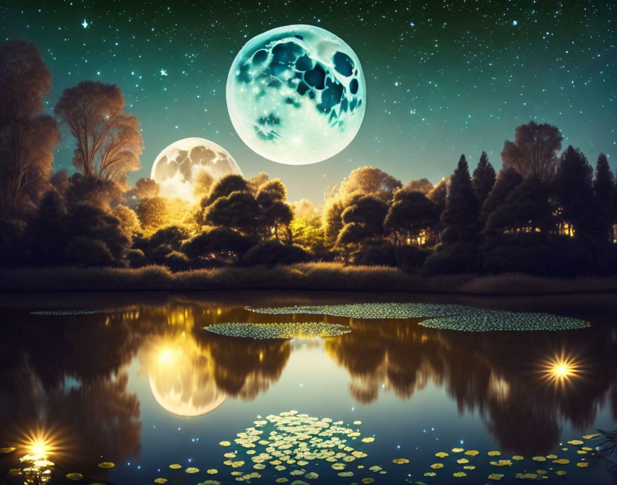 Surreal nightscape with oversized moons, tranquil lake, trees, lily pads, and glowing