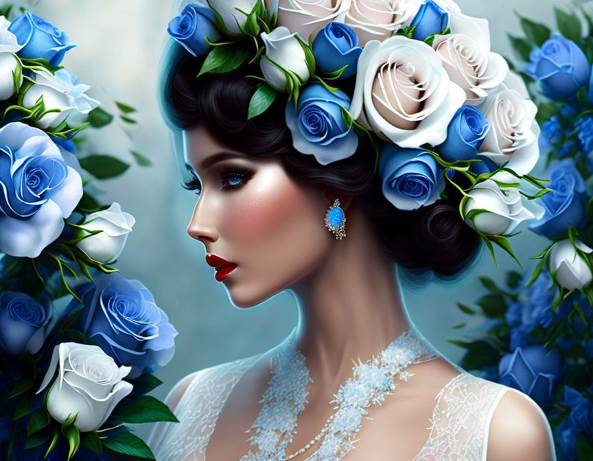 Intricate hairstyle with blue roses, elegant jewelry, lace gown, floral background