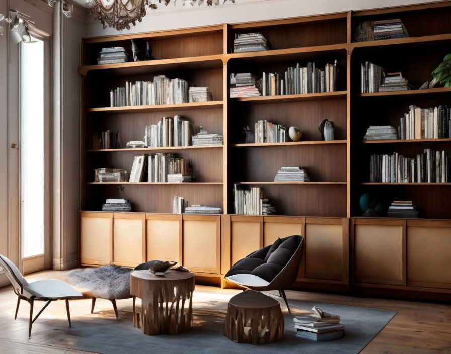 Cozy Reading Nook with Wooden Bookshelf, Armchair, Tables, Rug, and Chandelier