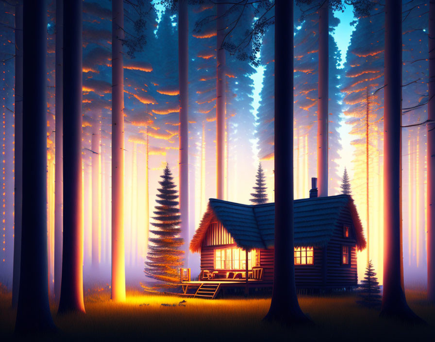 Tranquil forest cabin at sunset/sunrise