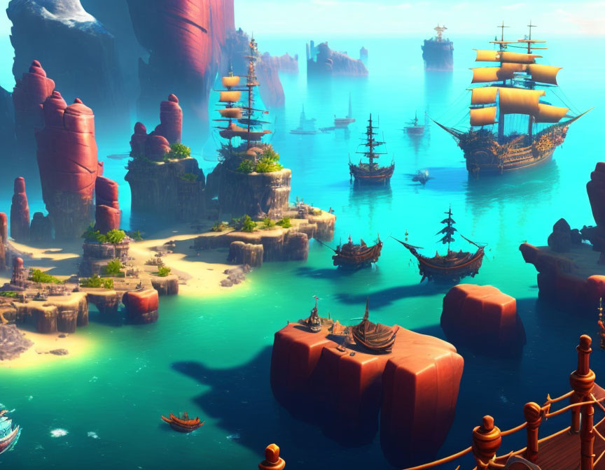 Fantastical seascape with towering rocks, sailing ships, blue skies, and turquoise waters.