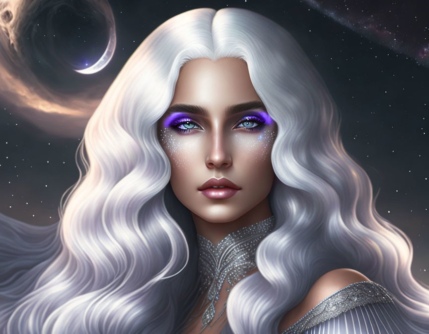 Digital portrait of woman with silver hair, purple eyes, sparkly makeup, cosmic backdrop