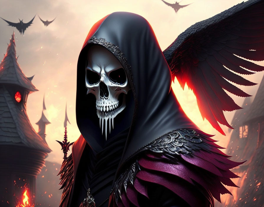 Skull-faced figure in armor with dark wings on fiery Gothic background