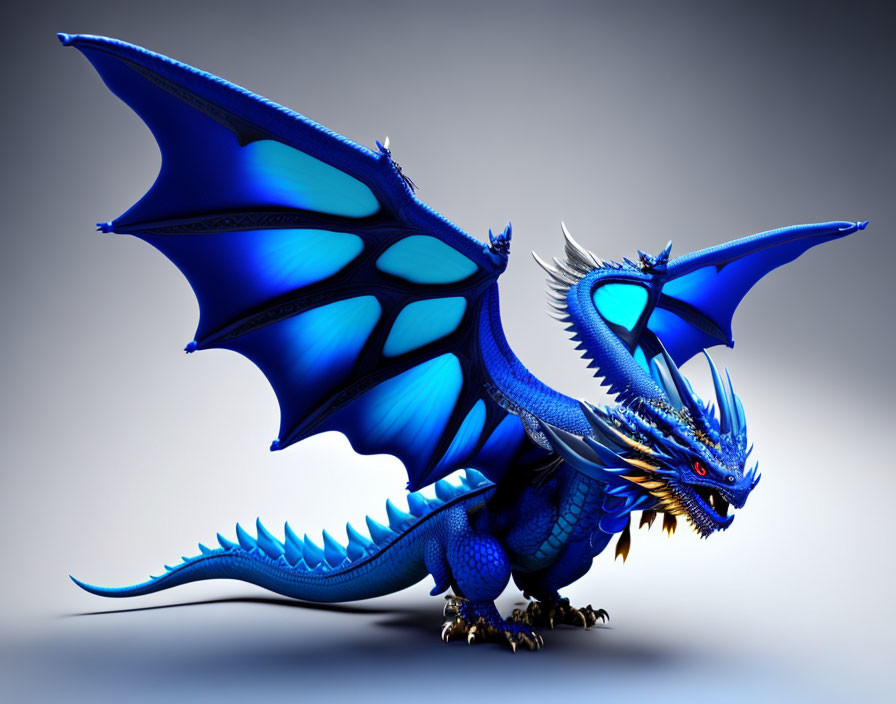 Blue dragon with wings, spikes, and orange eyes on gray background