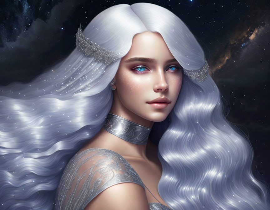 Illustration of woman with white hair and blue eyes in silver attire under starry sky