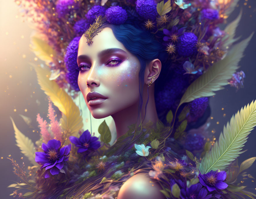 Vibrant digital artwork: Woman with blue hair, floral backdrop, glitter, feather details