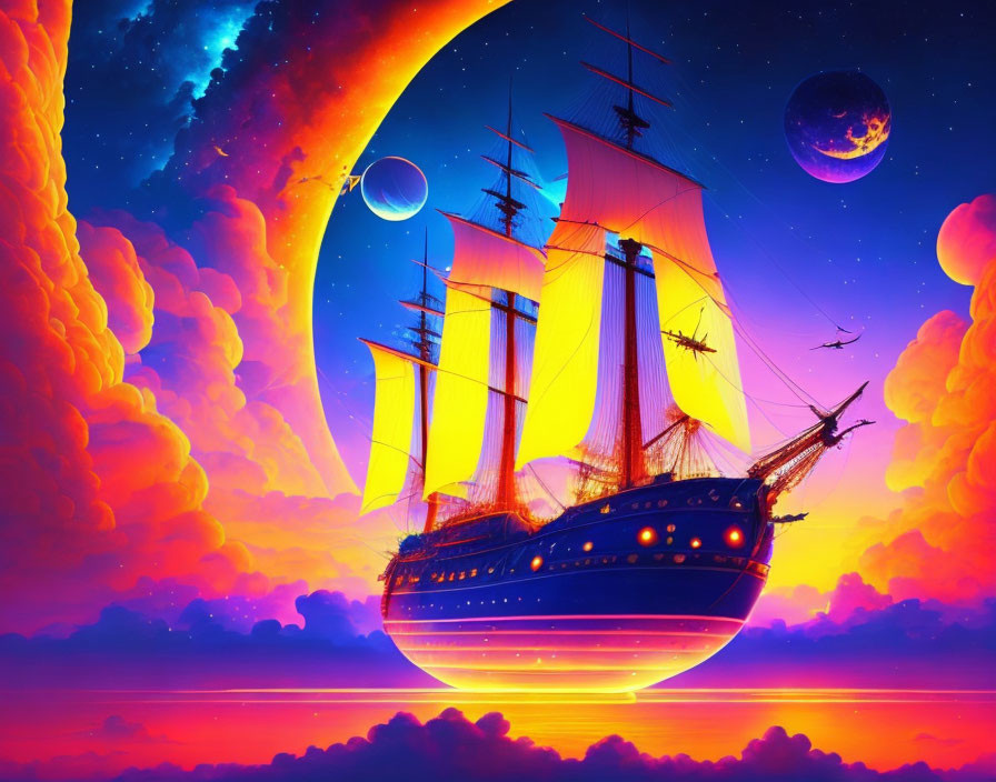 Colorful digital artwork: Majestic sailing ship on orange sea under surreal sky