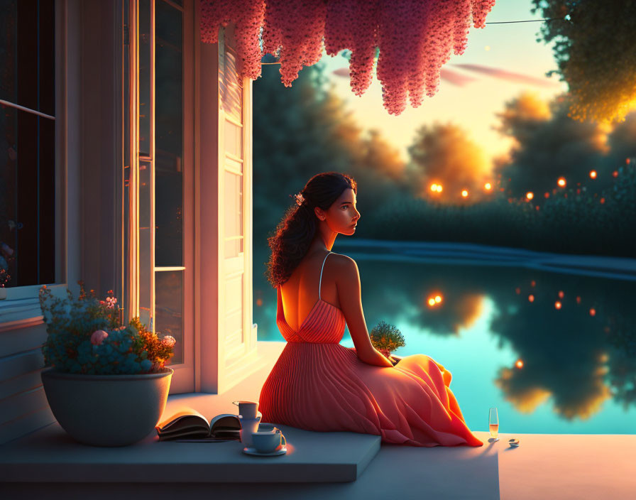 Woman in Orange Dress by Window Overlooking Tranquil Lake at Dusk